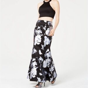 Sequin Hearts Black and Silver Blue Floral Maxi Fishtail Skirt